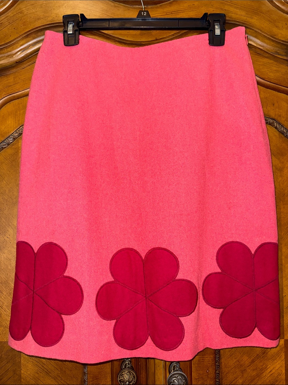 Boden Pink A-Line Wool Skirt with Magenta Floral Appliqués
